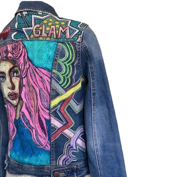 Custom Painted Blue Jean Jacket Original Pop Art style  size extra small - Picture 4 of 6